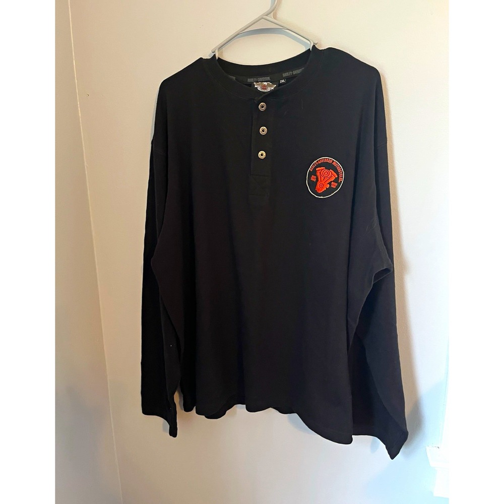 Harley-Davidson Black Long Sleeve Henley Shirt Patch Logo 100% Cotton 2XL